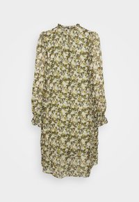 Vestido floral em verde e bege, feito de tecido leve. Apresenta mangas longas com punhos franzidos e um decote alto.