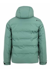 Grüne Pufferjacke mit Kapuze, gestepptem Design und elastischen Bündchen. Hergestellt aus glattem Material, mit einem Logo auf dem oberen Rücken.
