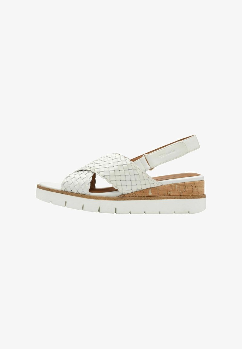 Weiße geflochtene Leder Slingback-Sandale mit Korkplattform und weißer Gummisohle. Merkmale ein Kreuzgurtdesign und einen verstellbaren Knöchelriemen.