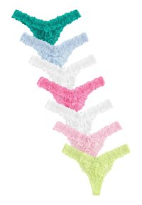 Lace thongs in eight colors: teal, light blue, white, pink, and green. Floral pattern, scalloped edges, and sheer texture.