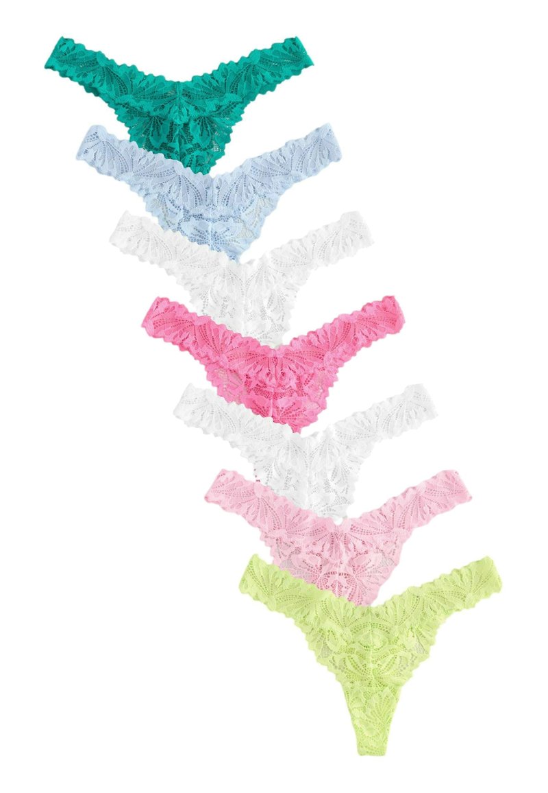 Lace thongs in eight colors: teal, light blue, white, pink, and green. Floral pattern, scalloped edges, and sheer texture.