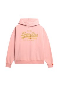 Felpa con cappuccio rosa realizzata in un tessuto morbido, caratterizzata da un grande logo dorato e testo sulla parte anteriore. Include polsini e orlo a costine.