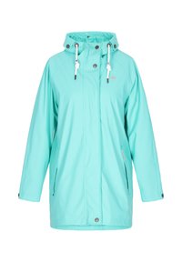 Vandeniui atspari mėtų žalios spalvos lietpaltis su kapišonu, priekiniais snap mygtukais, reguliuojamomis juostomis ir šoninėmis užtrauktukų kišenėmis. Glotni, lengva medžiaga.