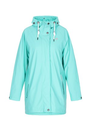 Waterdichte mintgroene regenjas met een capuchon, drukknopen aan de voorkant, verstelbare trekkoorden en zijzakken met rits. Glad, lichtgewicht materiaal.