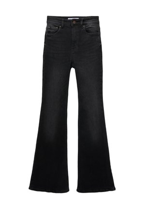 Zwarte flared jeans van denim. Hoog in de taille met vijf zakken en contrasterende koperen hardware. Heeft een gladde textuur.