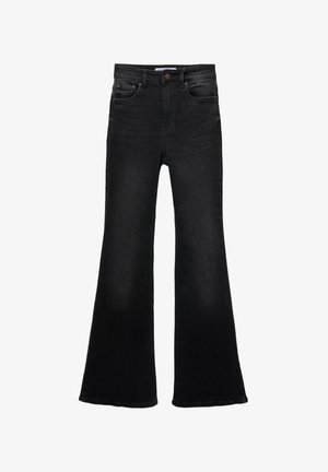 Jeans a zampa nera realizzati in denim. Vita alta con cinque tasche e accessori in rame a contrasto. Presenta una texture liscia.