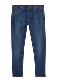 Slim-fit blå denimjeans med medelhög midja, framfickor och subtila urblekningar. Sytt detaljer och knappstängning.