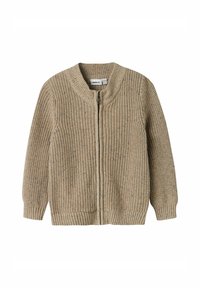 Beige Strickjacke mit hohem Kragen, Frontreißverschluss, texturiertem Muster und gerippten Bündchen und Saum. Geeignet zum Schichten bei kühlerem Wetter.