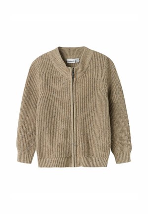 Beige Strickjacke mit hohem Kragen, Frontreißverschluss, texturiertem Muster und gerippten Bündchen und Saum. Geeignet zum Schichten bei kühlerem Wetter.