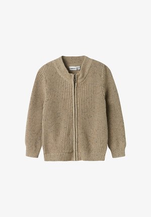 Cárdigan beige de punto con cuello alto, cremallera frontal, patrón texturizado y puños y dobladillo acanalados. Apto para superponerse en climas más frescos.