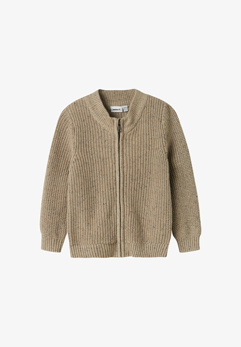 Beige knitted cardigan with a high collar, front zipper, textured pattern, and ribbed cuffs and hem. Suitable for layering in cooler weather.