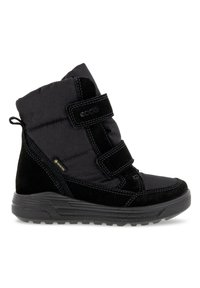 Stivali neri con cinturini in velcro, realizzati in un materiale morbido e imbottito e con una finitura in camoscio. Logo Gore-Tex impermeabile visibile.