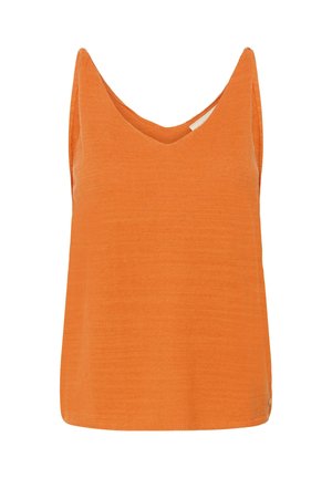 Ärmelloses oranges Strick-Top mit V-Ausschnitt und breiten Schulterträgern, vor weißem Hintergrund dargestellt.