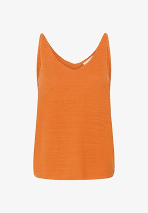 Ärmelloses oranges Strick-Top mit V-Ausschnitt und breiten Schulterträgern, vor weißem Hintergrund dargestellt.