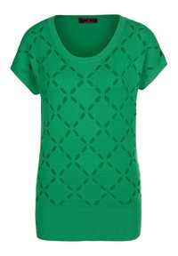 Grüner kurzärmeliger Pullover mit Rundhalsausschnitt, Ausschnittmuster und strukturiertem Rippabschluss. Weiches Material mit leichtem Aussehen.