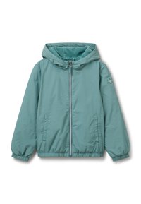 Tyrkysová bunda s kapucí a předním zipem, elastickými manžetami a lemem, dvěma bočními kapsami a vyšívaným logem na levém rukávu.