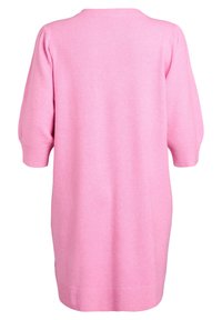 Vestito lavorato a maglia rosa con maniche a sbuffo corte, scollo rotondo e orlo a costine. Texture morbida e design fino al ginocchio.