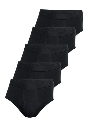 Sæt med sorte bomuldsunderbukser. Har en glat tekstur, elastisk waistband med branding og klassisk brief-snit. Fem par vist.