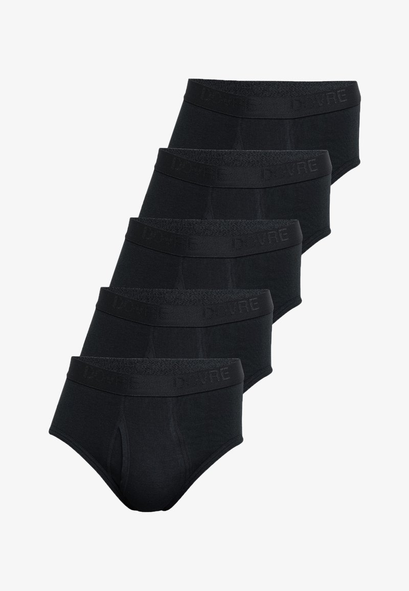 Sæt med sorte bomuldsunderbukser. Har en glat tekstur, elastisk waistband med branding og klassisk brief-snit. Fem par vist.