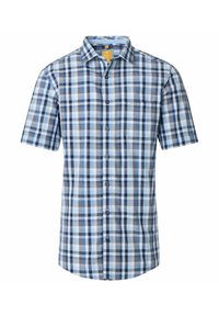 Korte mouw gestreepte blouse in blauw, grijs en wit. Voorzien van een knoopsluiting aan de voorkant, een kraag en een borstzak. Gemaakt van lichtgewicht stof.