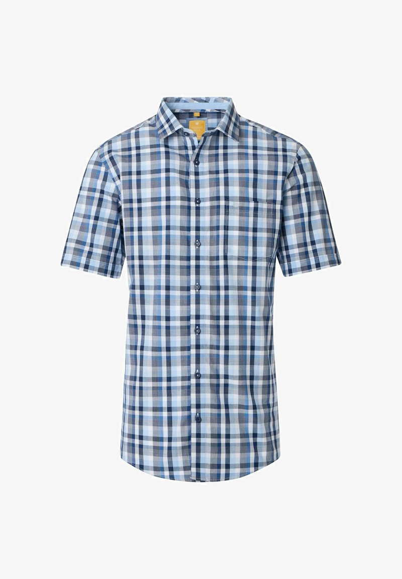 Korte mouw gestreepte blouse in blauw, grijs en wit. Voorzien van een knoopsluiting aan de voorkant, een kraag en een borstzak. Gemaakt van lichtgewicht stof.