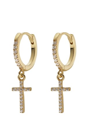 Orecchini a cerchio in oro con piccole pietre trasparenti e croci pendenti incastonate con pietre trasparenti abbinate.