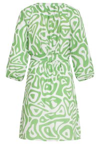 Groene en witte jurk tot de knie met een abstract patroon, lange mouwen, een geplooide taille en een gestructureerde stof.