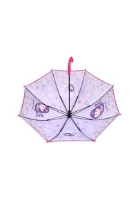 Lila Regenschirm mit einem rosa Hakengriff, der ein verspieltes Design von Figuren und Sternen auf dem Schirmdach zeigt, sowie schwarzen Metallrippen.