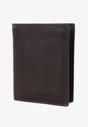 Brown leather wallet with a smooth texture, featuring subtle stitching and an embossed brand logo on the front. Compact rectangular design.