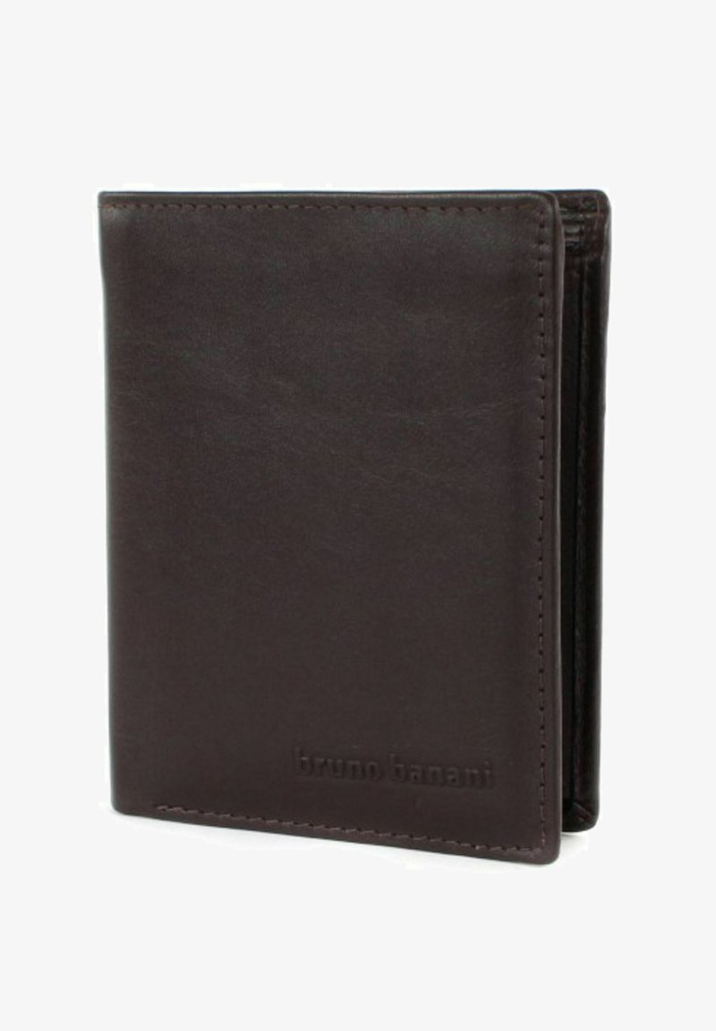 Portefeuille en cuir marron avec une texture lisse, présentant des coutures discrètes et un logo de marque embossé à l'avant. Design rectangulaire compact.