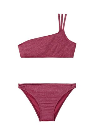 Bikini deux pièces rose foncé étincelant avec un haut asymétrique à une épaule orné de trois fines bretelles et un bas assorti à taille basse.
