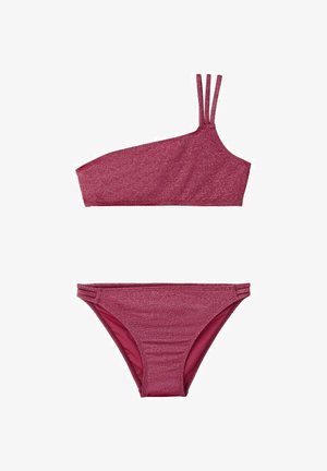 Bikini due pezzi rosa scuro scintillante con top asimmetrico a una spalla con tre sottili spalline e slip abbinati a vita bassa.