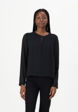 Svart langermet bluse med nøkkelhulldetalj og plisserte design. Laget av et gjennomsiktig materiale, med rund hals og avslappet passform.