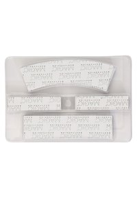Transparent plastic packaging containing five hair adhesive strips with printed branding in light green and black text.