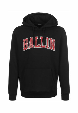 Black hoodie made of soft fabric, featuring a kangaroo pocket and a red arched "BALLIN" graphic on the front. Drawstring hood included.