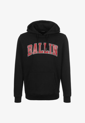 Black hoodie made of soft fabric, featuring a kangaroo pocket and a red arched "BALLIN" graphic on the front. Drawstring hood included.