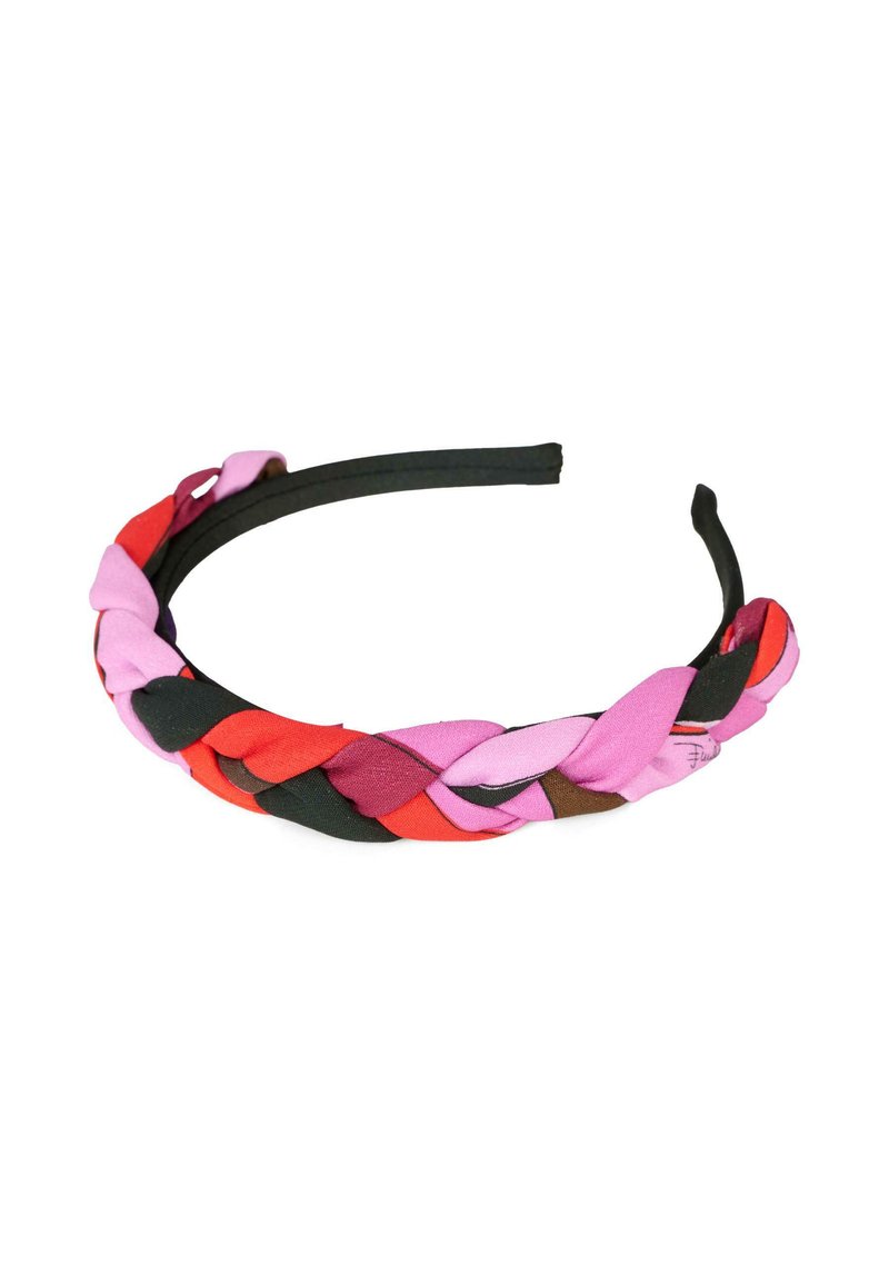 Bandeau tissé en tresse présentant des couleurs rose, rouge, noir et marron, avec une texture lisse et un design flexible pour un port confortable.