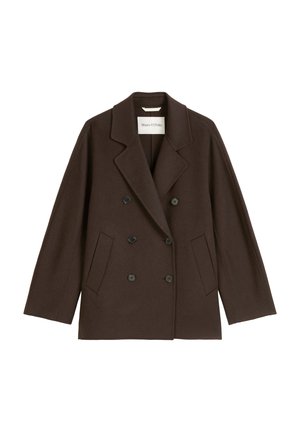 Brown double-breasted coat featuring a broad lapel, two front pockets, and black button accents. Made from a soft, textured material.
