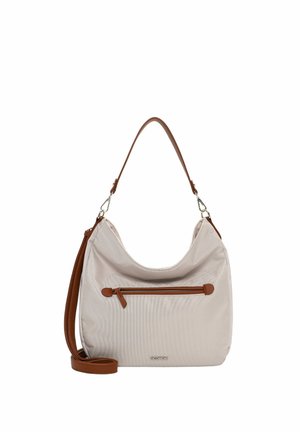 Šviesiai smėlio spalvos peties rankinė su rudos odos dirželiu, priekyje užtrauktuko kišenė ir reguliuojamas per petį nešiojamas dirželis.