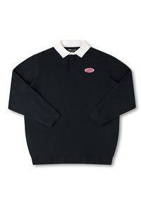 Black long-sleeve polo shirt with a white collar, featuring a red embroidered logo on the left side. Cotton material with a smooth texture.