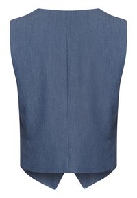 Ciemnoniebieski top bez rękawów z teksturowanej tkaniny. Posiada rozcięcie z tyłu i czyste linie, odpowiedni na różne okazje.