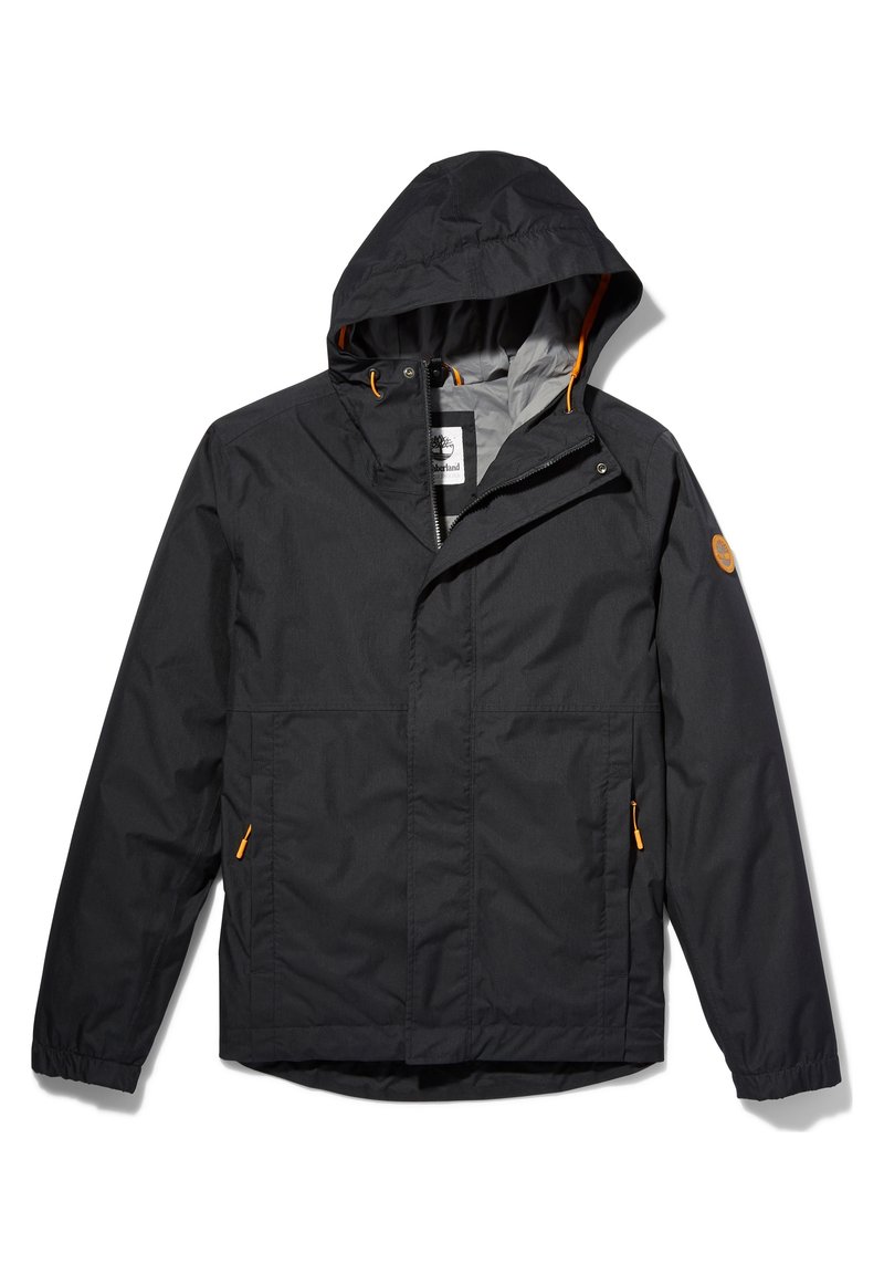 Veste imperméable noire à capuche avec tirettes de fermeture éclair orange et écusson logo sur la manche gauche, dotée d'une fermeture éclair frontale et d'une fermeture à boutons-pression.