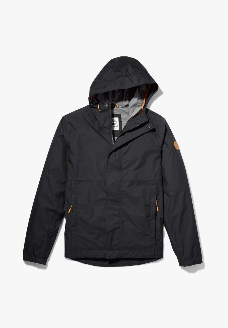 Veste imperméable noire à capuche avec tirettes de fermeture éclair orange et écusson logo sur la manche gauche, dotée d'une fermeture éclair frontale et d'une fermeture à boutons-pression.