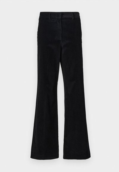 Black corduroy flared trousers with vertical ribbing, featuring a waistband and side pockets, designed for a relaxed fit.