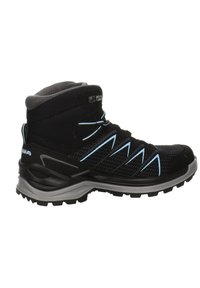 Black hiking boot with a mesh upper, gray padded collar, light blue accents, and a rugged sole for traction. Features a lace-up design.