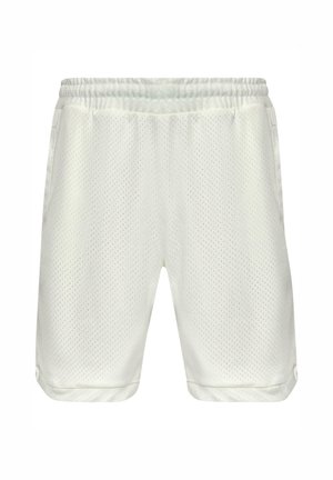 Hvite mesh treningsshorts med elastisk midje, sidelommer og et pustende materiale. Hemmede kanter fullfører designet.
