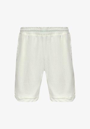 Bele športne kratke hlače iz mrežastega materiala z elastičnim pasom, stranskimi žepi in zračnim teksturo. Obrobljeni robovi dopolnjujejo obliko.