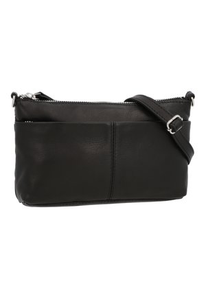 Petit sac bandoulière en cuir noir avec fermeture éclair argentée et sangle ajustable, texture lisse et design simple cousu.