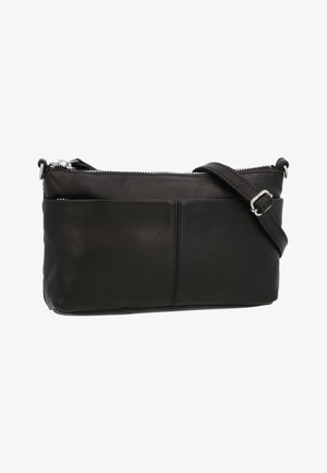 Petit sac bandoulière en cuir noir avec fermeture éclair argentée et sangle ajustable, texture lisse et design simple cousu.