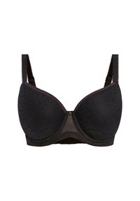 Black bra with a textured floral pattern, padded cups, and adjustable straps. Features a solid center with metallic accent.